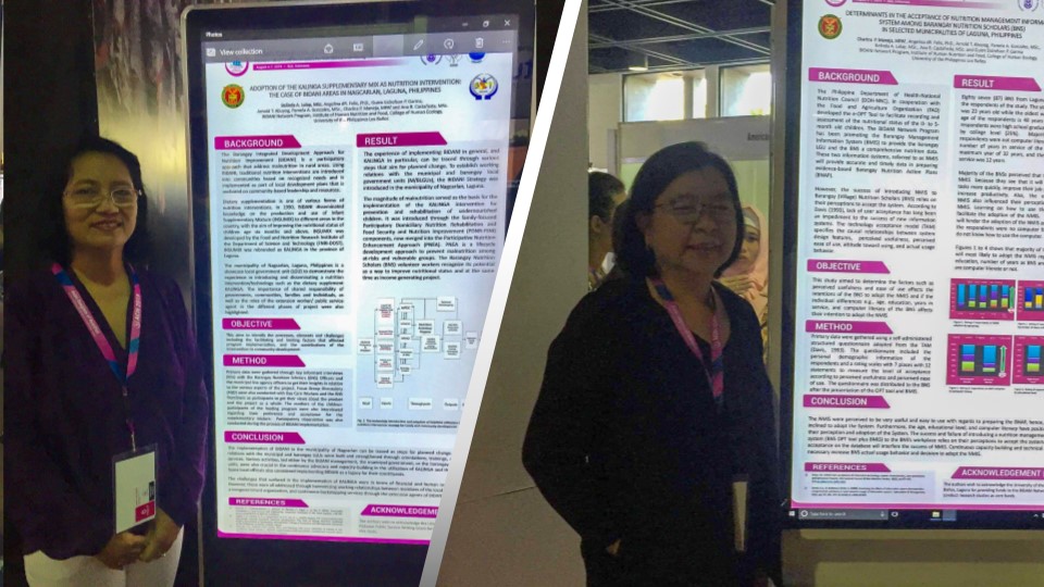 [L-R] PNEA Coordinator Belinda Lalap and BMIS Coordinator Charina Maneja present their posters in the Asian Congress of Nutrition 2019 in Bali, Indonesia.
